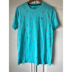Hollister Mens Medium Teal Flamingo AOP 100% Cotton T-Shirt Coastal Preppy